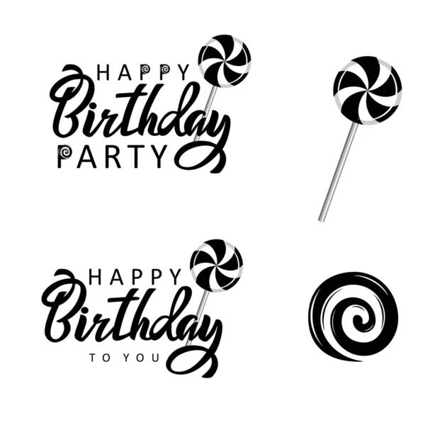 Happy Birthday Party Inschrift handgezeichnet Schriftzug. Einladung, Grußkartendesign mit Kalligrafie und Süßigkeiten. Schwarz-weißer Text. Wortgrafik für Plakate isolierte Vektorillustration — Stockvektor