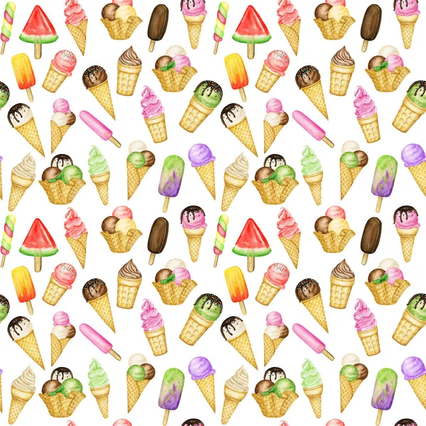 Καλοκαιρινό σχέδιο χωρίς ραφές με παγωτά, παγωτά στολισμένα με σοκολάτα σε κώνο βάφλας. Εικονογράφηση ακουαρέλας σε λευκό φόντο. Φρούτα μείγμα μπάλες παγωτό ύφασμα ύφασμα σχεδιασμό — Φωτογραφία Αρχείου