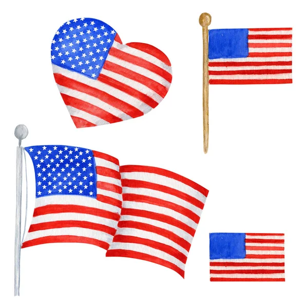 Amerikaanse vlag set, met de hand getekend aquarel illustratie voor een gelukkige onafhankelijkheidsdag van Amerika. 4 juli usa ontwerp concept op witte backgraund — Stockfoto