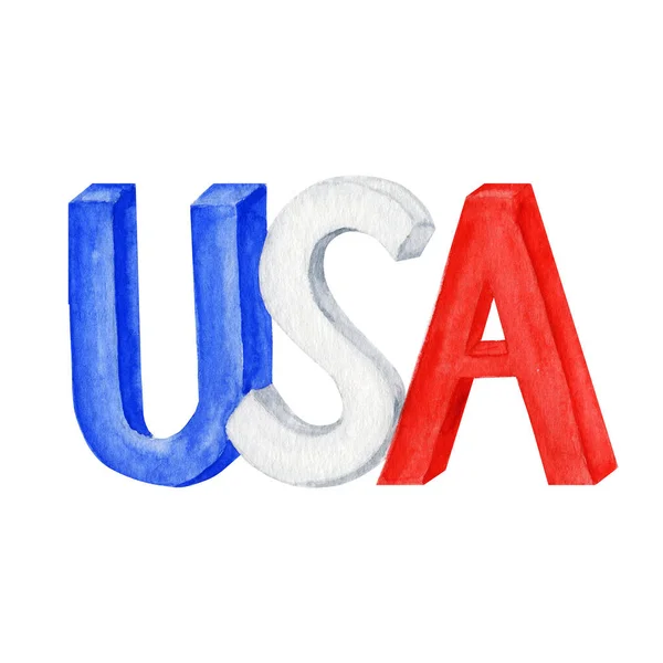 Word USA con bandera americana icono de colores azules rojos, ilustración del emblema de acuarela dibujado a mano para el feliz día de la independencia de América. 4 de julio EE.UU. concepto de diseño en el fondo blanco — Foto de Stock