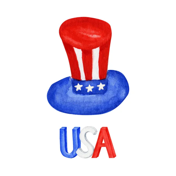 Uncle Sam hat on white background. Cylinder USA flag colors. National Patriotic cap in America independence day. Isolated party decoration for 4th of july design of navy blue, bright red color — Stock Photo, Image