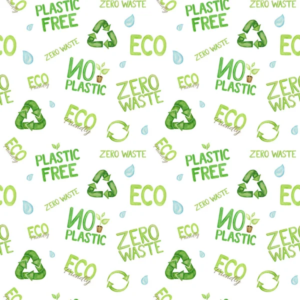 Πλαστικό ελεύθερο πράσινο μηδέν απόβλητα εικονίδιο αδιάλειπτη μοτίβο. Υδατογραφία χέρι ζωγραφισμένα εικόνα σε λευκό φόντο. Οικολογικός σχεδιασμός. Ανακυκλωμένο οικολογικό τρόπο ζωής. ECO friendly, Recycle Reuse Μειώστε το ύφασμα χαρτιού — Φωτογραφία Αρχείου