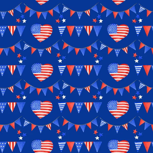 Fjärde juli Sömlöst mönster. Patriotisk amerikansk semester Fjärde juli tyg struktur i röd blå färger. Självständighetsdagen av Amerika festlig bakgrund. Akvarell illustration för Scrapbook design — Stockfoto