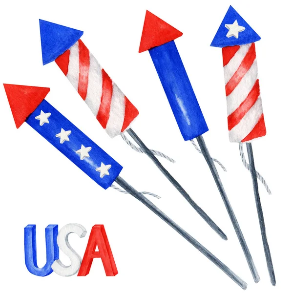 Patriottisch vuurwerk. 4 juli Amerika viering feest aquarel Onafhankelijkheidsdag van het USA Memorial, Vlag Dag feest decoratie. Blue Red Stars streep Amerikaanse vlaggen kleuren illustratie — Stockfoto