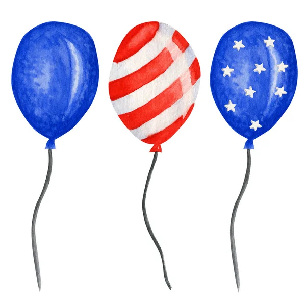 Een patriottische ballon. 4 juli Amerika viering feest aquarel Onafhankelijkheidsdag van de USA decoratie. Blue Red Stars streep Amerikaanse vlaggen in soort ballonnen — Stockfoto
