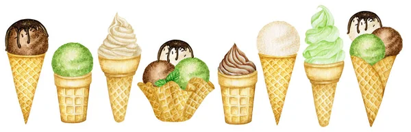Різні морозива, прикрашені шоколадом у вафельному конусі. Акварельна ілюстрація ізольовані різноманітні кульки ванілі, шоколаду, зеленого фісташкового морозива у вафлях — стокове фото