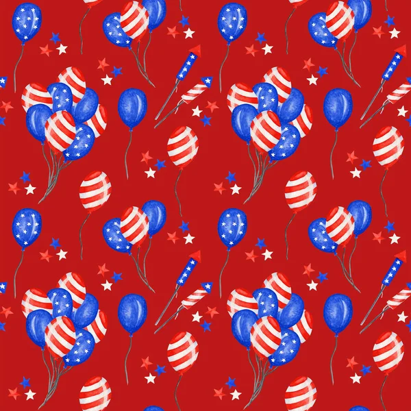 4 de julio Patrón sin costuras. Fiesta patriótica americana Textura de tela del cuatro de julio en colores azules rojos. Día de la Independencia de América fondo festivo. Ilustración de acuarela para diseño de Scrapbook —  Fotos de Stock