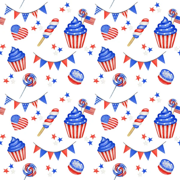 4η Ιουλίου χωρίς ραφή μοτίβο. Patriotic american holiday υφασμάτινη υφή σε κόκκινο μπλε χρώμα. Ημέρα Ανεξαρτησίας της Αμερικής εορταστική φόντο. Υδατογραφία εικονογράφηση για το σχεδιασμό Scrapbook — Φωτογραφία Αρχείου