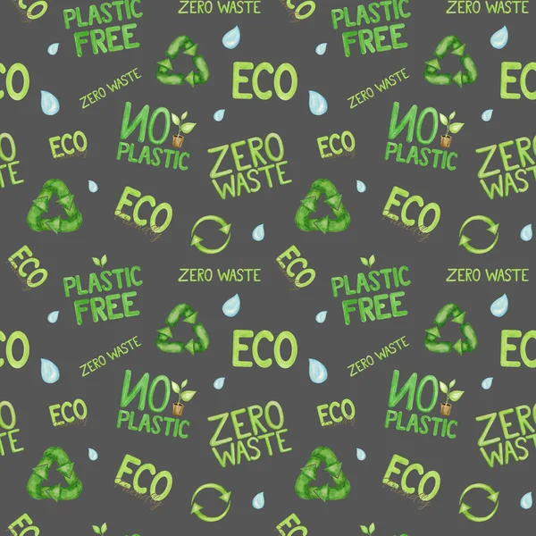 Πλαστικό ελεύθερο πράσινο μηδέν απόβλητα εικονίδιο αδιάλειπτη μοτίβο. Υδατογραφία χέρι ζωγραφισμένα εικόνα σε γκρι φόντο. Οικολογικός σχεδιασμός. Ανακυκλωμένο οικολογικό τρόπο ζωής. ECO friendly, Recycle Reuse Μειώστε το ύφασμα χαρτιού — Φωτογραφία Αρχείου