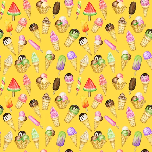 Літній безшовний візерунок з морозивом, морозивами, прикрашеними шоколадом у вафельному конусі. Акварельна ілюстрація на яскраво-жовтому тлі. Фруктовий мікс морозива кульки тканинний текстильний дизайн — стокове фото