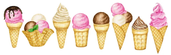 Diverse linguri de înghețată decorate cu ciocolată în con de vafe. Ilustrație de acuarelă bile izolate asortate de vanilie, ciocolată, căpșuni roz, înghețată de zmeură în vafe — Fotografie, imagine de stoc