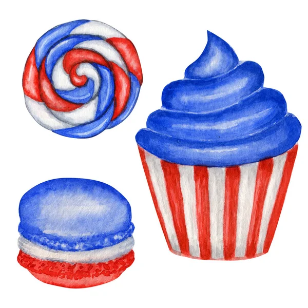 7月4日的水彩画爱国杯蛋糕玛卡伦在美国国旗的颜色。适用于甜饼美式设计构图、美国独立日、国旗、阵亡将士纪念日派对装饰理念 — 图库照片