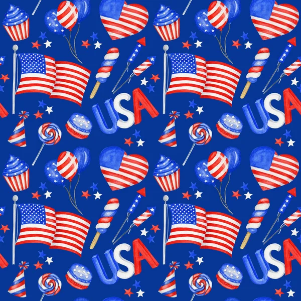 4. Juli Nahtloses Muster. Patriotischer amerikanischer Feiertag Vierter Juli Stoffstruktur in rotblauen Farben. Feierlicher Hintergrund des amerikanischen Unabhängigkeitstages. Aquarell-Illustration für Sammelalbum-Design — Stockfoto