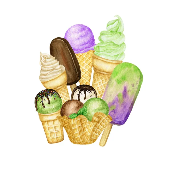 冰激凌，用巧克力装饰的冰激凌勺，装在华夫饼锥形构图框架内。白色背景上孤立的水彩画.香草、巧克力和绿色开心果冰淇淋球 — 图库照片