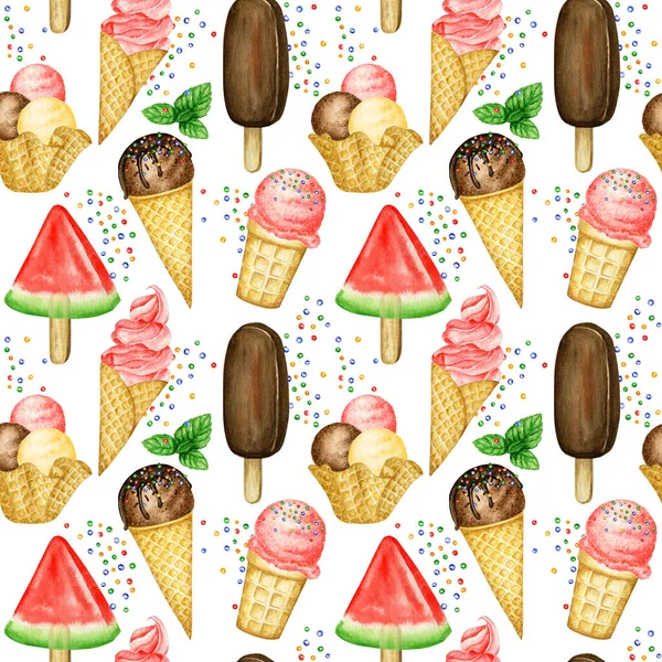 Sommer Nahtlose Muster mit Eis Lollys, Eiskugeln mit Schokolade in Waffelkegel dekoriert. Aquarell-Illustration auf weißem Hintergrund. Fruchtmischung Eiskugeln Stoff Textildesign — Stockfoto