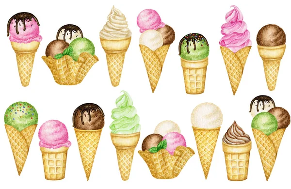 Diverse ijsbolletjes versierd met chocolade in wafelkegel. Aquarel illustratie geïsoleerde geassorteerde ballen van vanille, chocolade, roze aardbei, frambozen, groene pistache ijs in wafels — Stockfoto