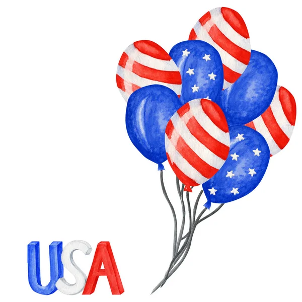 Patriotic Balloon. 4th of july America celebration party watercolor balloons Independence day of the USA decoration. Blue Red Stars stripe American flags in kind of balloons — Stock Photo, Image