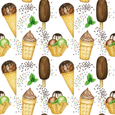 Dondurma lolipoplu kusursuz yaz deseni waffle külahında çikolatayla süslenmiş dondurma kepçeleri. Beyaz arkaplanda suluboya çizimi. Meyve karışık dondurma. Kumaş kumaş tasarımı.