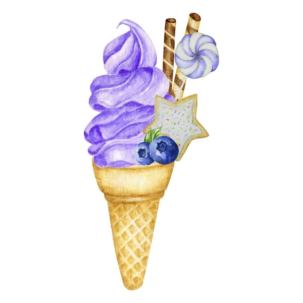 蓝莓冰淇淋，在华夫饼筒装饰巧克力华夫饼，浆果，饼干和糖果。白色背景下孤立的水果冰淇淋水彩画 — 图库照片