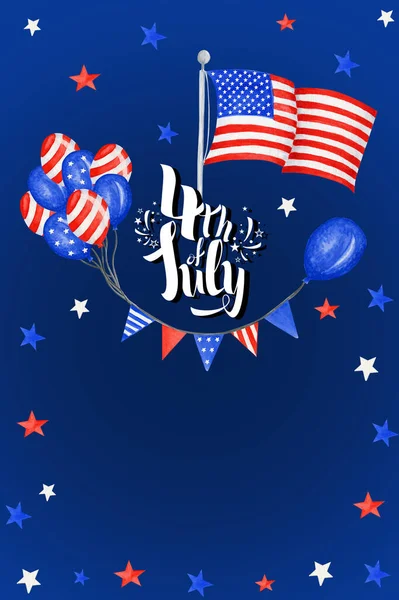 7月4日のアメリカ独立記念日の挨拶カードアメリカ国旗と手のレタリングのテキストデザイン。お祝いパーティーポスター、販売のためのバナー、割引、広告垂直テンプレート — ストック写真