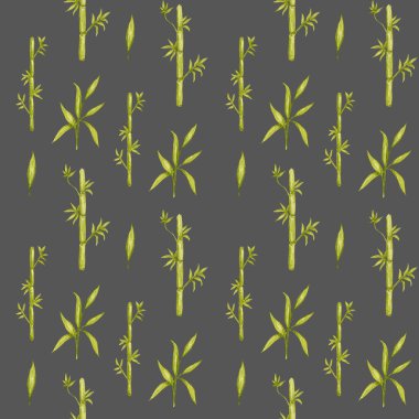 Koyu gri arkaplanda bambu yapraklarının kusursuz desenli suluboya çizimi. Ekolojik tasarım. Çevre dostu, geri dönüşüm azaltma konsepti. Kumaş dokusu