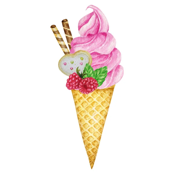 覆盆子冰淇淋，在松饼锥中，装饰有巧克力松饼、浆果、饼干和糖果。粉红果冻水彩画分离于白色背景 — 图库照片