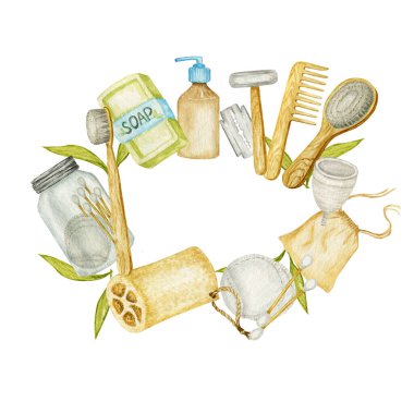 Sıfır atık banyo aksesuarı çerçevesi. Doğal sisal fırça, ahşap tarak, katı sabun, şampuan çubukları, güvenlik jileti, cam kapta yeniden kullanılabilir pamuk temizleme pedleri. Çevre dostu hijyen kavramı