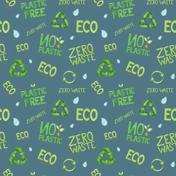 Plastica verde zero rifiuti icona modello senza soluzione di continuità. Illustrazione disegnata a mano ad acquerello su sfondo blu. Progettazione ecologica. Stile di vita ecologico riciclato. ECO amichevole, riciclare il riutilizzo Ridurre il tessuto di carta — Foto Stock