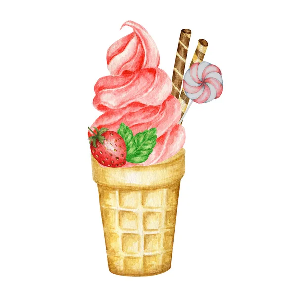 Lody truskawkowe w waflu ozdobione czekoladowymi goframi, jagodami, ciasteczkami i cukierkami. Red Fruit Ice Cream Ilustracja akwarela izolowane na białym tle — Zdjęcie stockowe