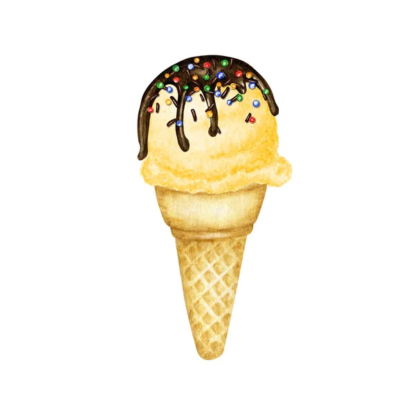 香蕉柠檬甜瓜冰淇淋在华夫饼筒装饰巧克力和糖果。白色背景上孤立的黄色水果冰淇淋水彩画 — 图库照片
