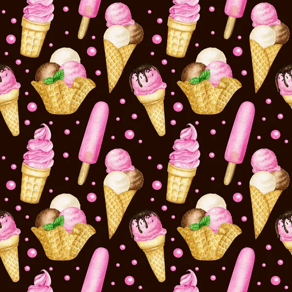 Patrón sin costuras de verano con lollys de hielo, cucharadas de helado decoradas con chocolate en cono de gofre. Ilustración en acuarela sobre fondo marrón oscuro. Mezcla de frutas bolas de helado tela textil diseño — Foto de Stock