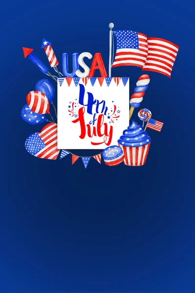 Gelukkige 4 juli USA Independence Day wenskaart met Amerikaanse nationale vlag en handschrift tekst ontwerp. Feestdag Poster, Banner te koop, korting, advertentie Verticale sjabloon — Stockfoto