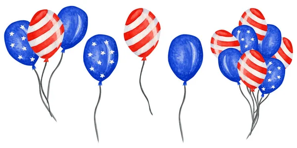 Patriotyczny balon. 4 lipca Ameryka uroczystości strona akwarela Niepodległość dzień USA dekoracji. Niebieskie Czerwone Gwiazdy paski amerykańskie flagi w rodzaju balonów — Zdjęcie stockowe