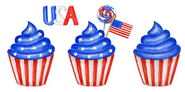 4 juli Aquarel patriottische cupcake in de kleuren van de Amerikaanse vlag. Voor zoete cake amerikaanse design composities, Onafhankelijkheidsdag van Amerika, Memorial, Vlag Dag feest decoratie concept — Stockfoto