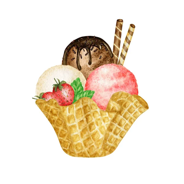 草莓冰淇淋配华夫饼筒，用巧克力华夫饼、浆果、饼干和糖果装饰。红色水果、巧克力和香草冰淇淋水彩画，背景为白色 — 图库照片