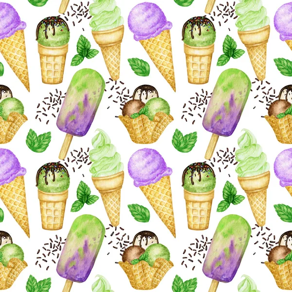 Patrón sin costuras de verano con lollys de hielo, cucharadas de helado decoradas con chocolate en cono de gofre. Ilustración en acuarela sobre fondo blanco. Mezcla de frutas bolas de helado tela textil diseño — Foto de Stock