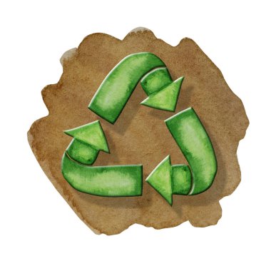 Yeşil Geri Dönüşümlü Oklar simgesi. Beyaz arka planda izole edilmiş suluboya el çizimi. Ekolojik tasarım konsepti. Geri dönüştürülmüş eko sıfır atık yaşam tarzı.