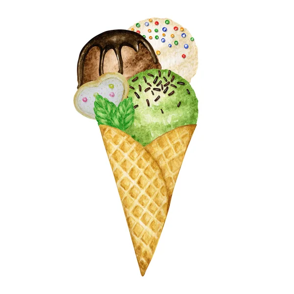 Escovas de sorvete decoradas com chocolate em cone de waffle saboroso. Ilustração aquarela isolada sobre fundo branco. Baunilha, Chocolate e bolas de sorvete de pistache verde — Fotografia de Stock
