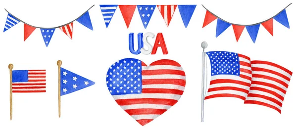 Juego de guirnaldas de bandera americana y cuerda, ilustración de acuarela dibujada a mano para el feliz día de la independencia de Estados Unidos. 4 de julio EE.UU. concepto de diseño en el fondo blanco — Foto de Stock