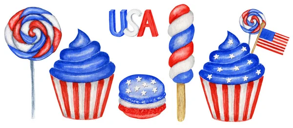 4 lipca Akwarelowy patriotyczny makaron babeczkowy w kolorach flagi USA. Dla słodkiego ciasta amerykańskich kompozycji projektowych, Dzień Niepodległości Ameryki, flaga, Memorial Day Party koncepcja dekoracji — Zdjęcie stockowe