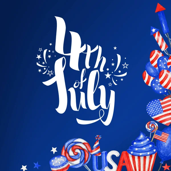 Feliz 4 de julio USA Tarjeta de felicitación del Día de la Independencia con bandera nacional americana y diseño de texto de letras a mano. Fiesta de celebración Póster, Banner para la venta, descuento, anuncio, plantilla web —  Fotos de Stock