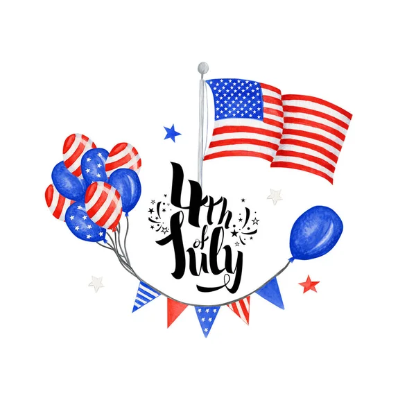 7月4日美国独立日快乐贺卡，上面印有美国国旗和手写字体。庆祝会海报、销售横幅、折扣、广告、网页模板 — 图库照片