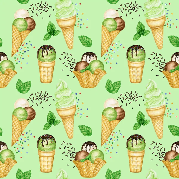 Летний бесшовный рисунок с ледяными леденцами, шариками с мороженым, украшенными шоколадом в вафельном конусе. Акварель на белом фоне. Зеленые фрукты смесь мороженого шары ткань дизайн ткани — стоковое фото