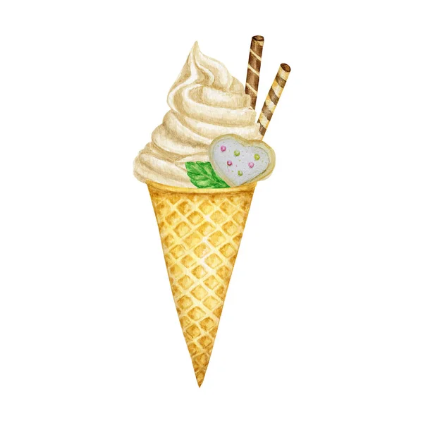 Vanilková zmrzlina zdobená čokoládovými vaflemi, mátovými listy, sušenkami ve vaflovém kornoutu. Akvarelové ilustrace izolované na bílém pozadí — Stock fotografie