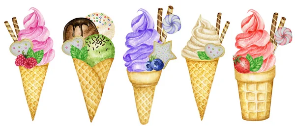 Fruit Ice-cream in waffle cone set. Decorated with chocolate waffles berries cookies and candies. Raspberry Blueberry Strawberry Vanilla Ice Cream Watercolor illustration isolated on white background — Stock Photo, Image