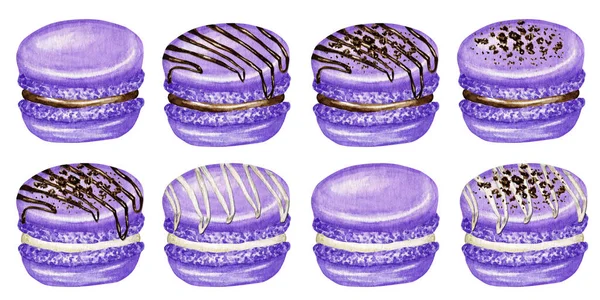 Set di torte di macaron francese ai mirtilli. Acquerello disegnato a mano viola frutta pasticceria dolce Isolato su sfondo bianco biscotti macaron colorati dolce decorato con cioccolato — Foto Stock