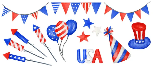 Gelukkige 4 juli USA Independence Day elementen gezet met Amerikaanse nationale vlag en met de hand belettering tekstontwerp. Feestdag Poster, Banner te koop, korting, reclame, webtemplate — Stockfoto