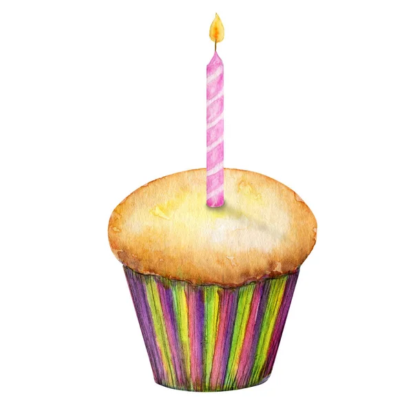 Happy Birthday Cupcake mit Kerze. Aquarell-Grußkarte für Feiertage, Einladungskonzept mit Kopierraum — Stockfoto