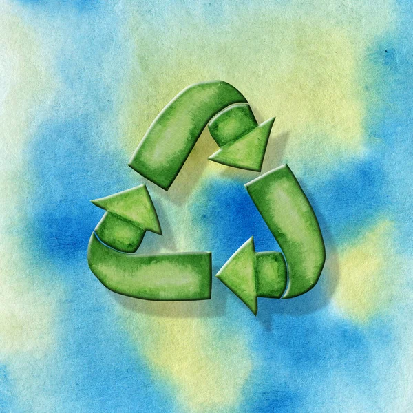 Green Recycled cycle arrows icon. Watercolor hand drawn illustration isolated on Earth background. Ecological design concept. Recycled eco zero waste lifestyle. — Stock Photo, Image