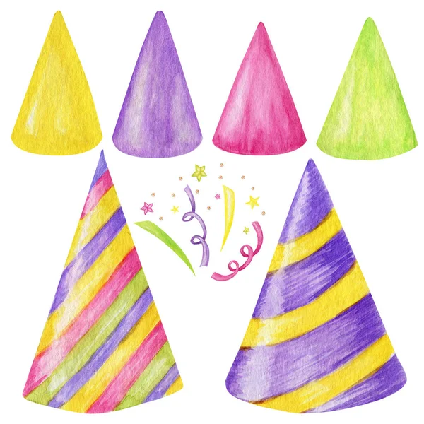 Partymütze isoliert auf einem weißen. Aquarell Geburtstagshüte Illustration. Festdekoration Happy Birthday oder Party-Grußkarte, Einladungskonzept — Stockfoto